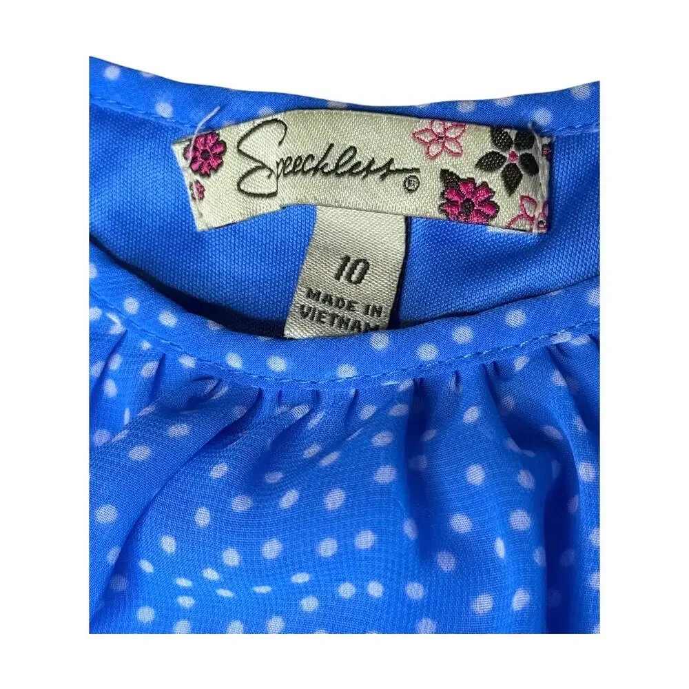 Speechless Crepe Party Dress Girls 10 Blue Polka Dot 3/4 Sleeve Ruched Top Lined